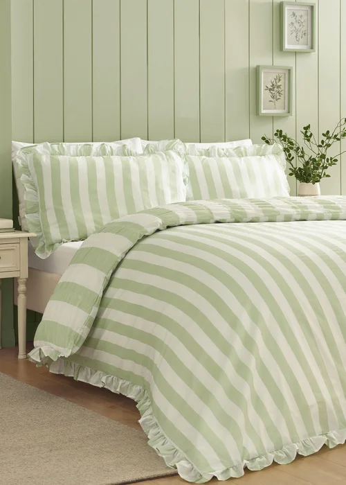 Catherine Lansfield Seersucker Frill Stripe Duvet Cover Set Green - Single Image 2