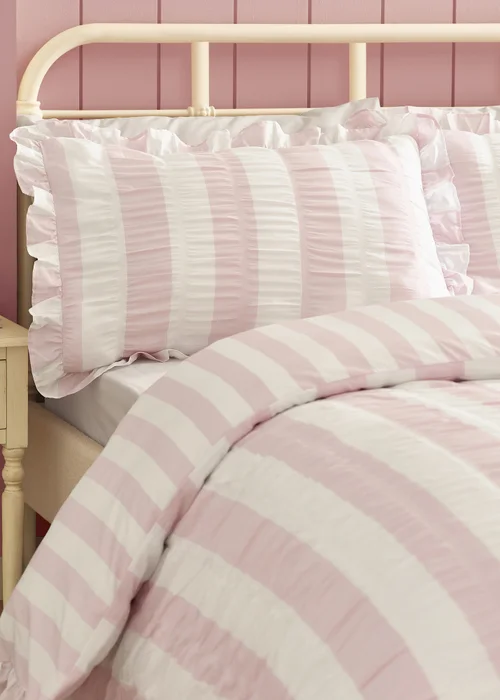 Catherine Lansfield Seersucker Frill Stripe Duvet Cover Set Pink - Single Image 3