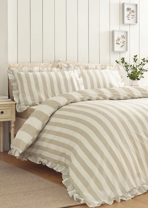 Catherine Lansfield Seersucker Frill Stripe Duvet Cover Set Natural - Single Image 2