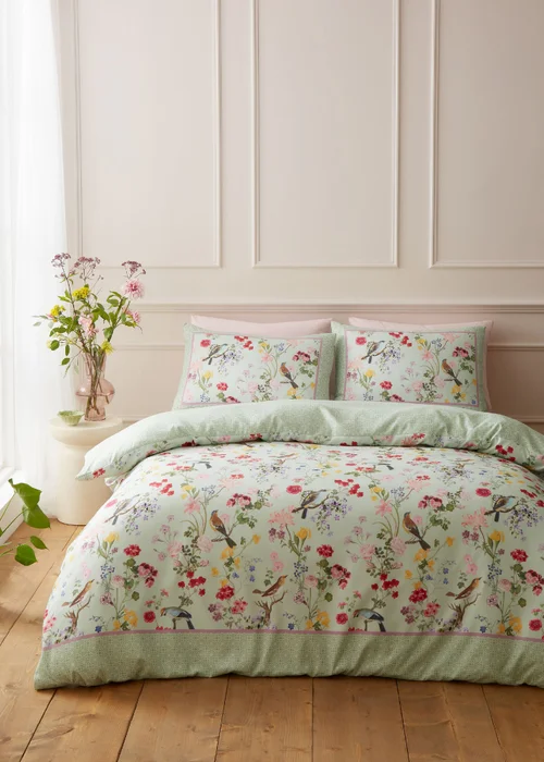 RHS x Catherine Lansfield Birds In Bloom So Soft Duvet Cover Set Green - Double Image 1