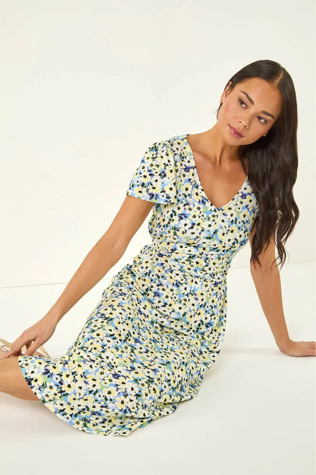 Roman Blue Petite Floral V-Neck Midi Dress