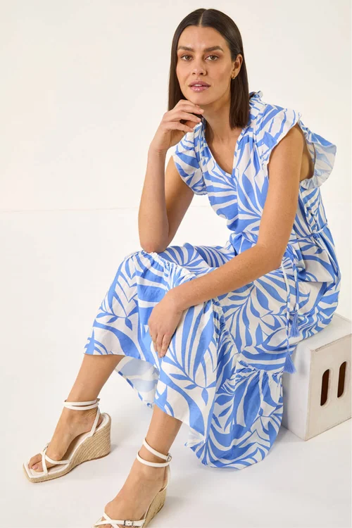 Roman Blue Leaf Print V-Neck Midi Dress - One Size Image 1
