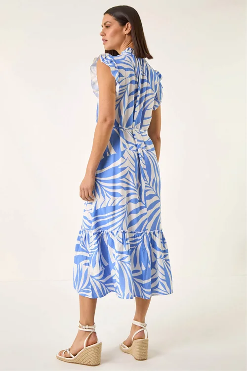 Roman Blue Leaf Print V-Neck Midi Dress - One Size Image 3