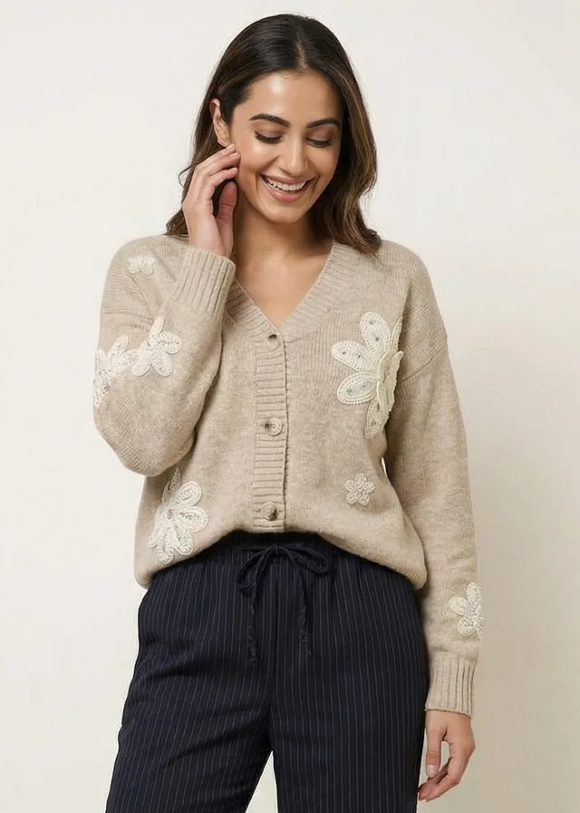 Blue Vanilla Beige Crochet Embellished Floral Cardigan
