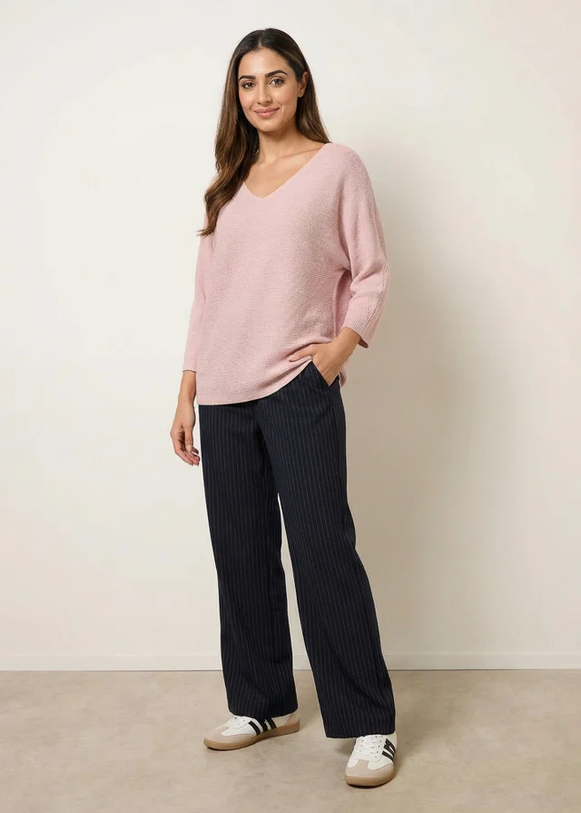 Blue Vanilla Pink Metallic V Neck Knitted Ripple Jumper