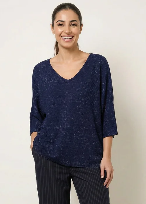 Blue Vanilla Navy Metallic V Neck Knitted Ripple Jumper - One Size Image 1