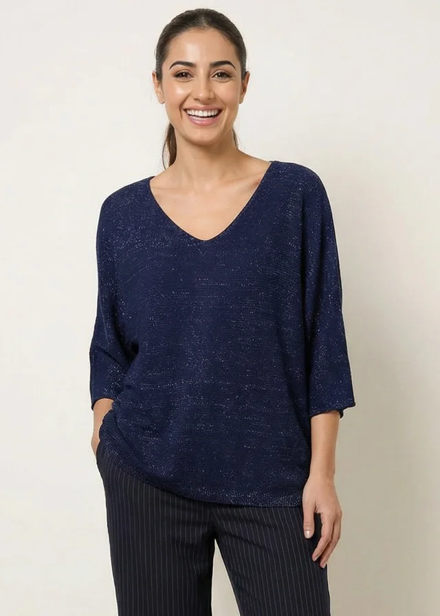 Blue Vanilla Navy Metallic V Neck Knitted Ripple Jumper