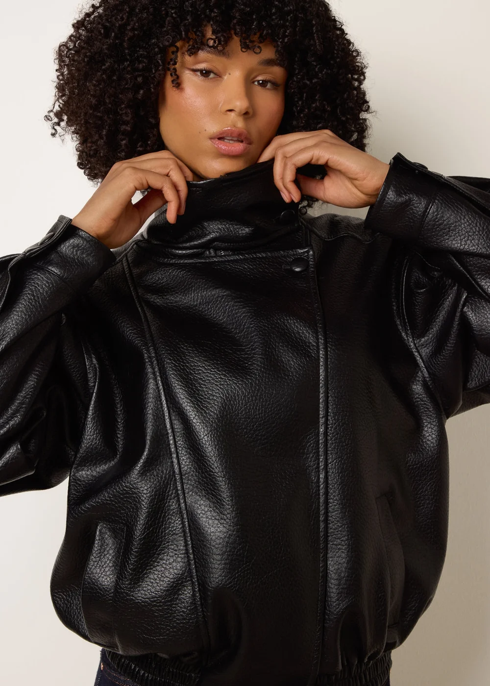 Blue Vanilla Black High Collar Faux Leather Jacket - M/L Image 1