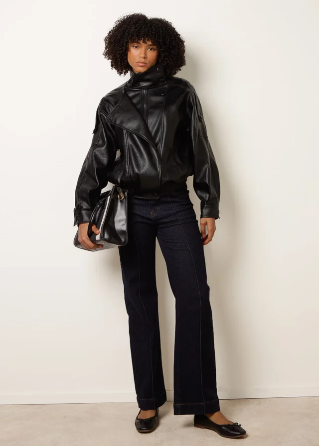 Blue Vanilla Black High Collar Faux Leather Jacket