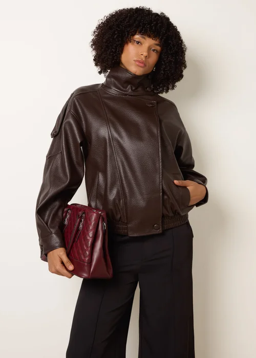Blue Vanilla Brown High Collar Faux Leather Jacket - S/M Image 1