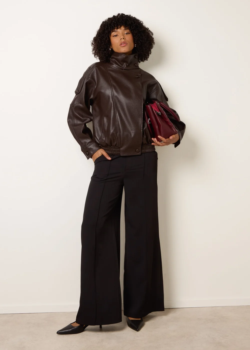 Blue Vanilla Brown High Collar Faux Leather Jacket - S/M Image 2