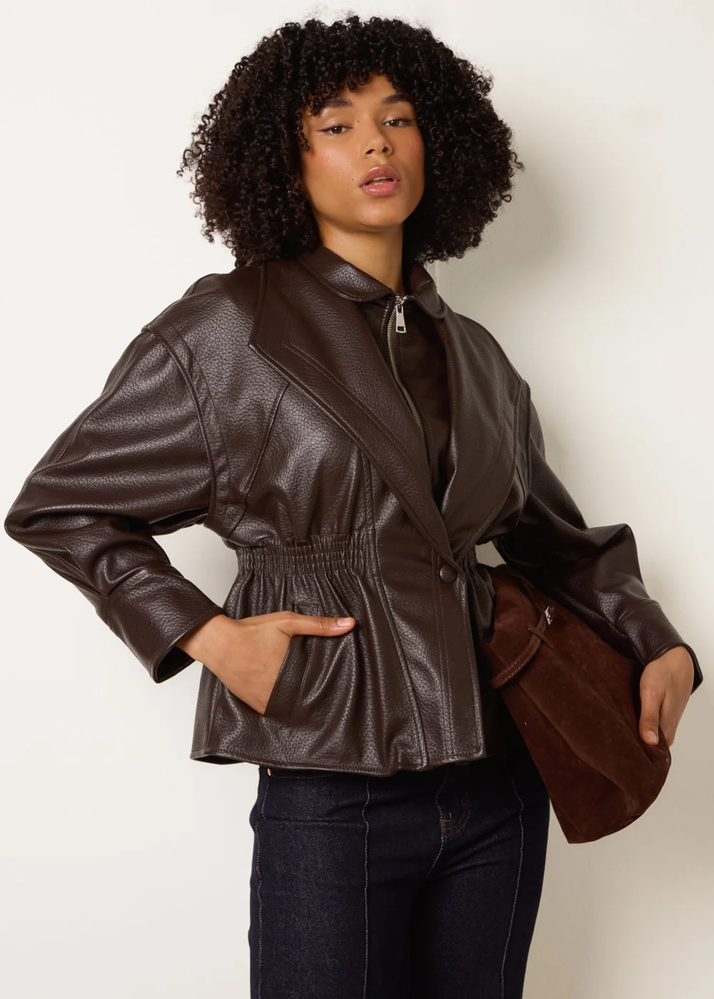 Blue Vanilla Brown Collared Shirred Waist Faux Leather Jacket - M Image 1