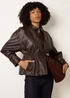 Blue Vanilla Brown Collared Shirred Waist Faux Leather Jacket - M Image 1