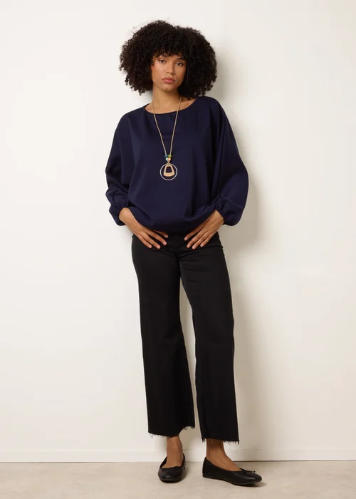 Blue Vanilla Navy Round Neck Elasticated Hem And Sleeve Top - One Size Image 3