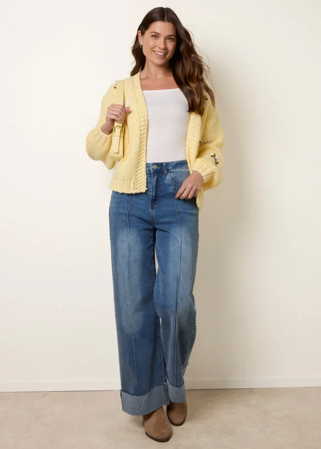 Blue Vanilla Yellow Flower Embroidery Detailed Cardigan