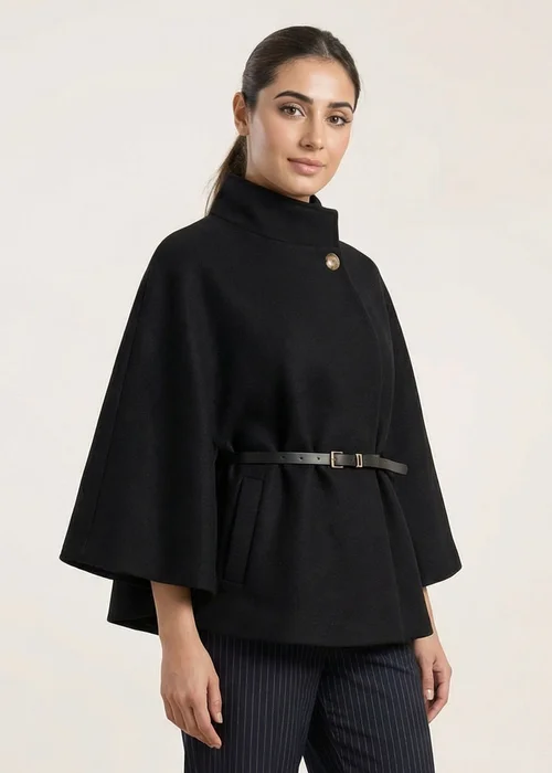 Blue Vanilla Black Belted Cape Coat - One Size Image 1