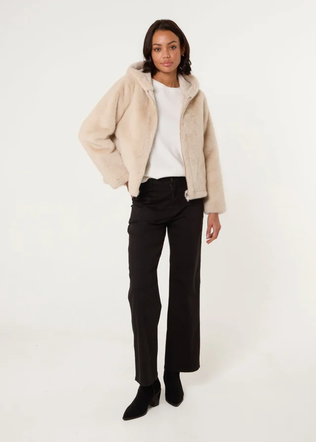 Blue Vanilla Beige Faux Fur Hooded Jacket