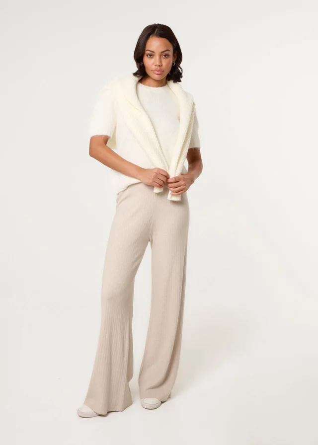 Blue Vanilla Beige Ribbed Wide Leg Trousers