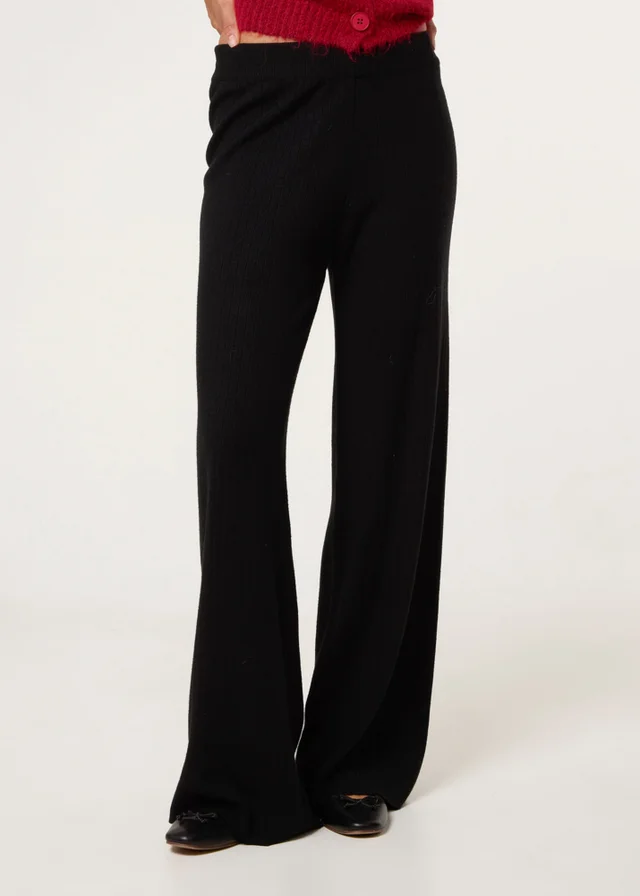 Blue Vanilla Black Ribbed Wide Leg Trousers