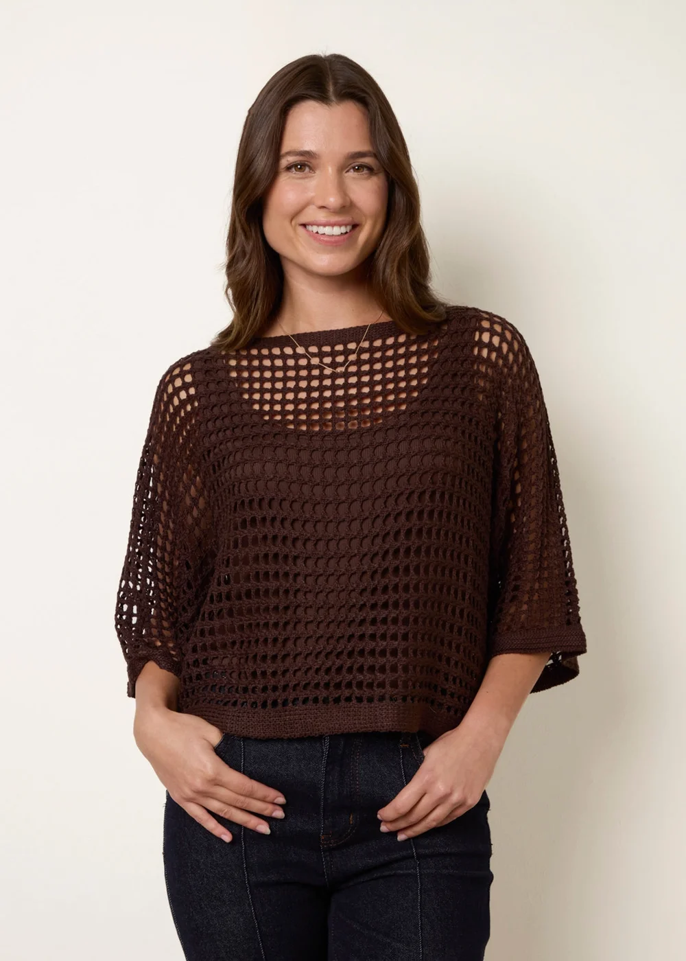 Blue Vanilla Brown Round Neck Net Top - Small/Medium Image 1