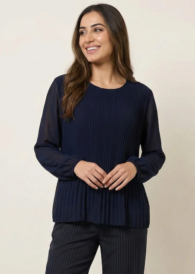Blue Vanilla Navy Long Sleeve Pleated Top