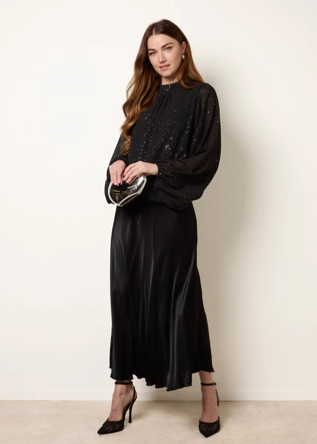 Blue Vanilla Black Metallic Sparkle Chiffon High Neck Puffball Top