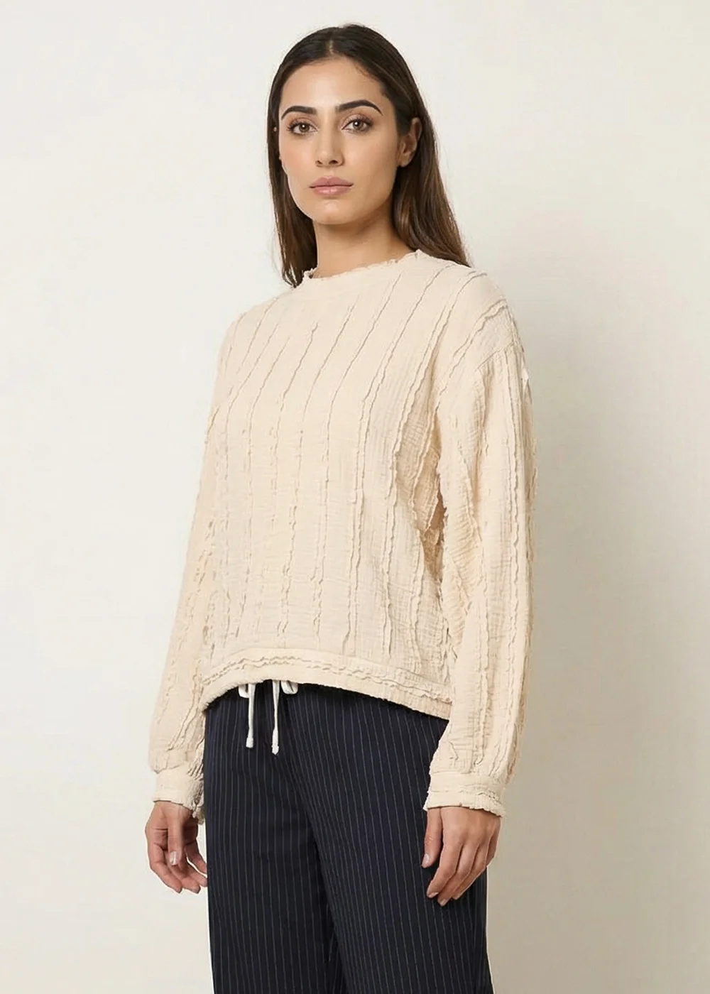 Blue Vanilla Beige Ruffle Detailed Sleeve Top - One Size Image 1