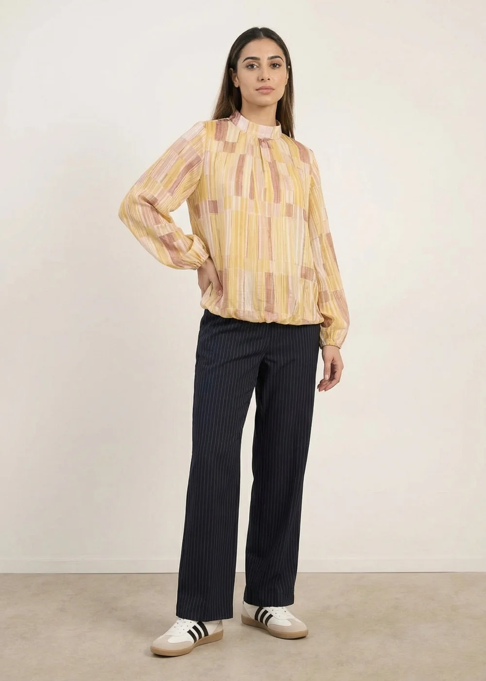 Blue Vanilla Yellow Tile Print Puffball Blouse With Metallic Detail - M/L Image 2