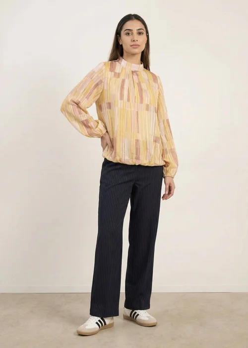 Blue Vanilla Yellow Tile Print Puffball Blouse With Metallic Detail - M/L Image 2