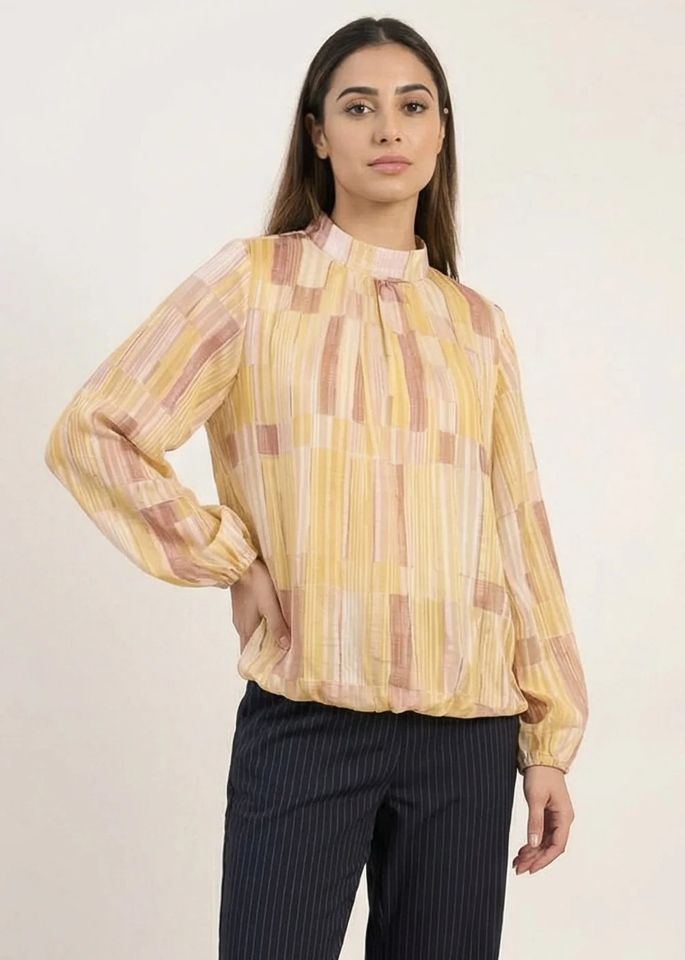 Blue Vanilla Yellow Tile Print Puffball Blouse With Metallic Detail - M/L Image 1