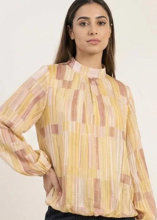 Blue Vanilla Yellow Tile Print Puffball Blouse With Metallic Detail - M/L Image 3