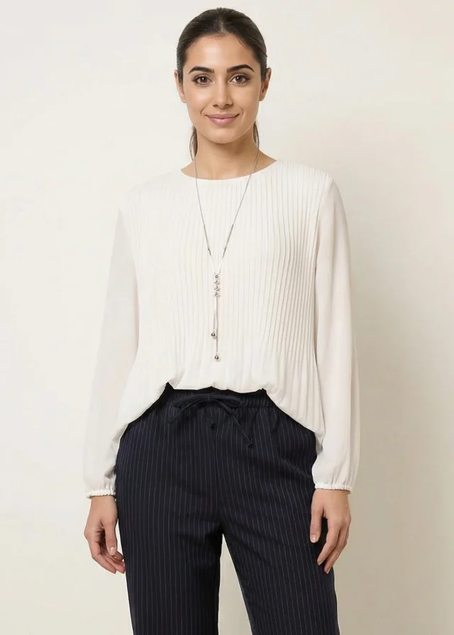Blue Vanilla Ivory Long Sleeve Pleated Top