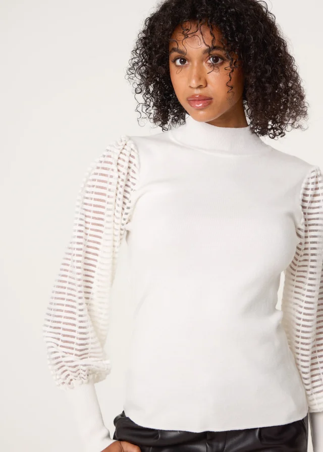 Blue Vanilla Ivory Semi-Sheer Mesh Panel Long Sleeve Jumper