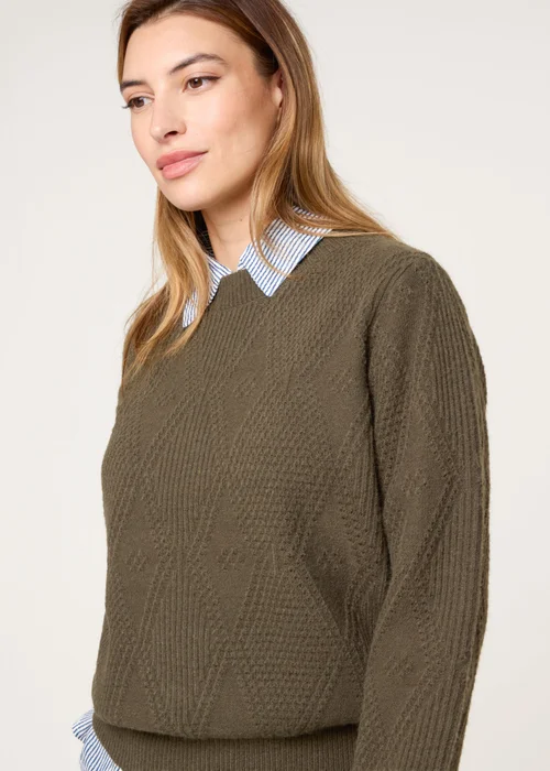 Blue Vanilla Khaki Argyle Texture Knit Jumper - M Image 3
