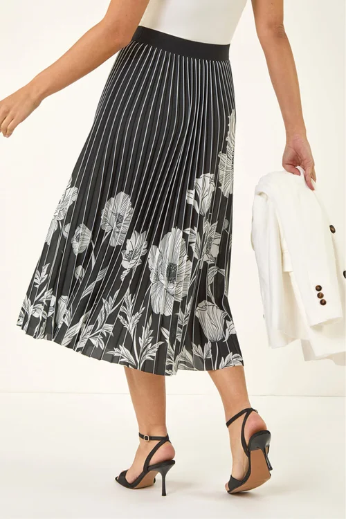 Roman Black Floral Print Pleated Midi Skirt - 14 Image 4