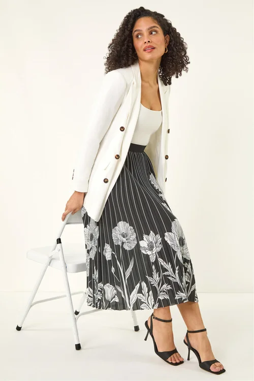 Roman Black Floral Print Pleated Midi Skirt - 14 Image 2