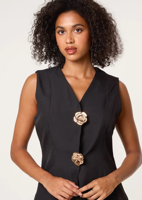 Blue Vanilla Black Tailored Flower Button Front Sleeveless Vest - 10 Image 2