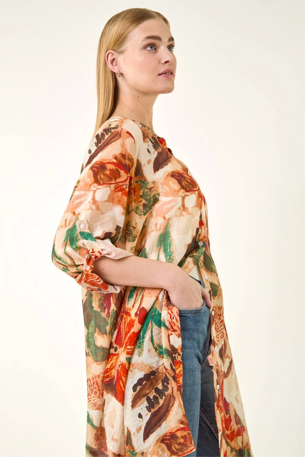 Roman Orange Abstract Print Button Longline Blouse - 14 Image 1