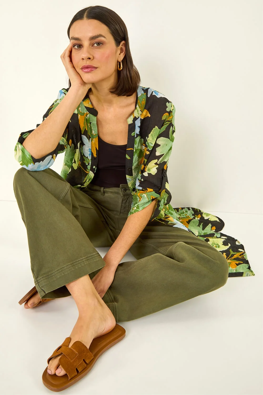 Roman Green Floral Longline Buttoned Blouse - 16 Image 1