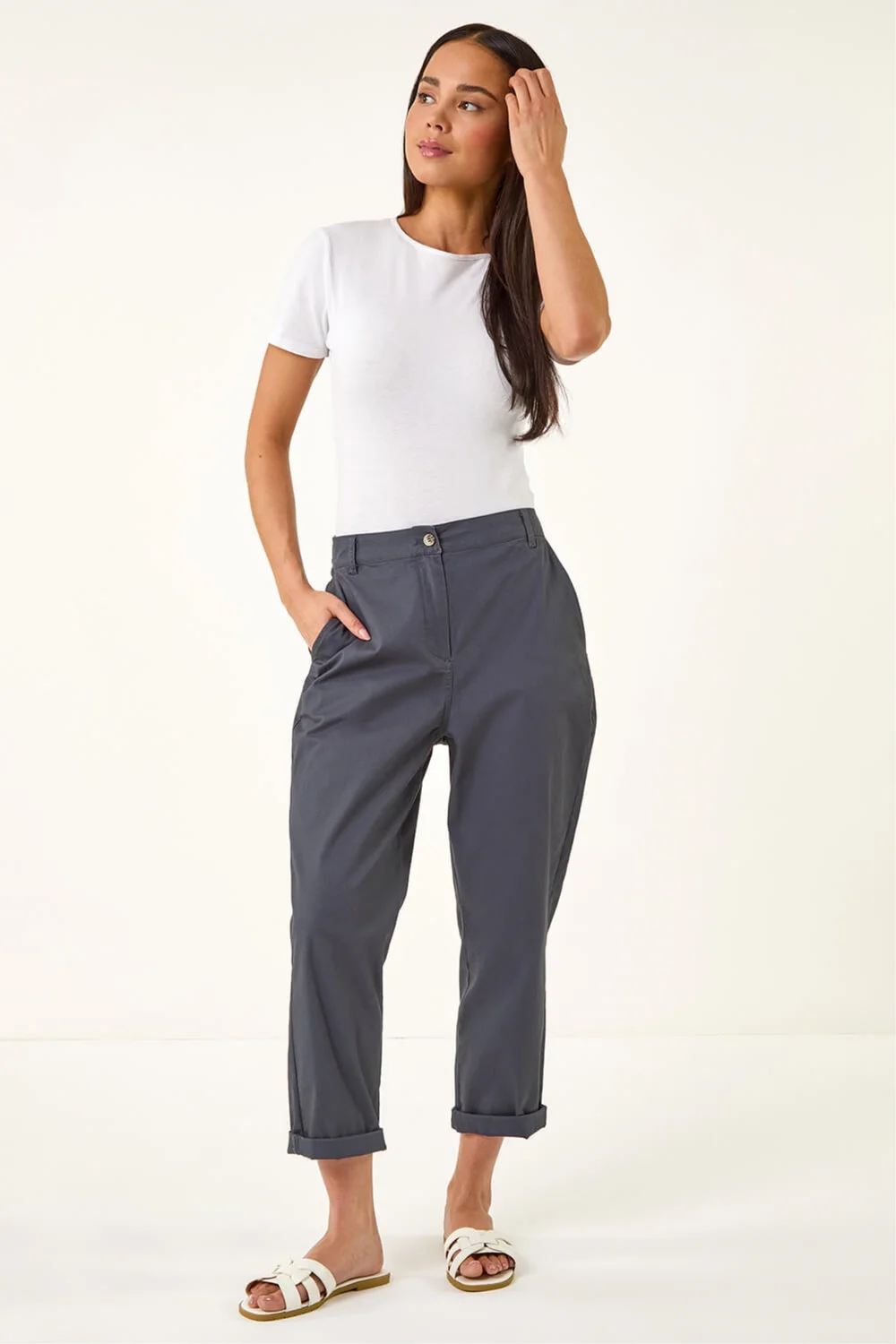 Roman Charcoal Petite Cotton Blend Stretch Chino Trousers - Size 18 Image 2