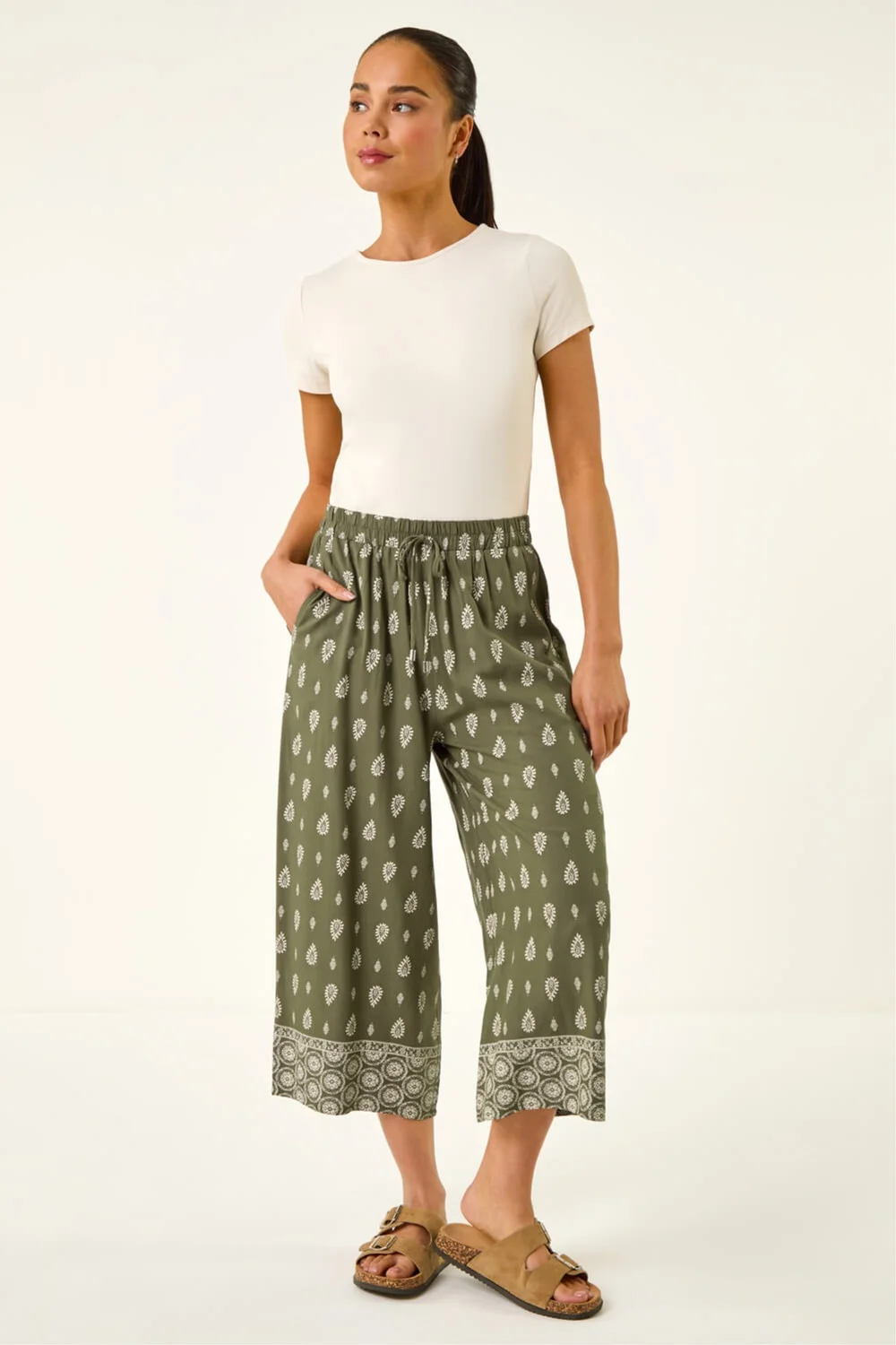 Roman Khaki Petite Aztec Border Cropped Trouser - Size 12 Image 2