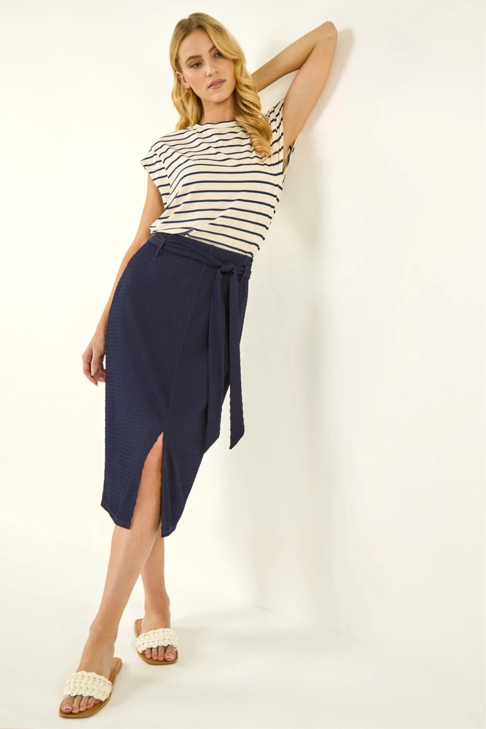 Roman Navy Textured Belted Pencil Skirt - 14 Image 2