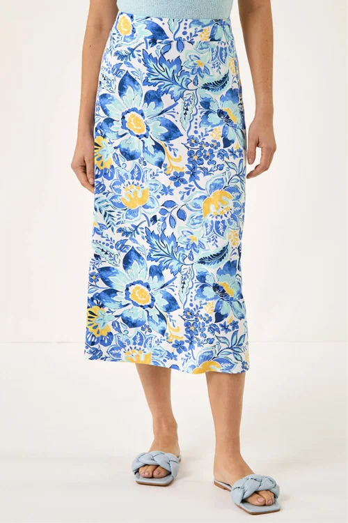 Roman Blue Floral Print Stretch Midi Skirt - 14 Image 1