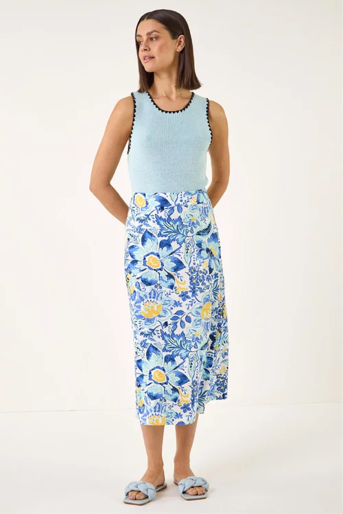 Roman Blue Floral Print Stretch Midi Skirt - 14 Image 4