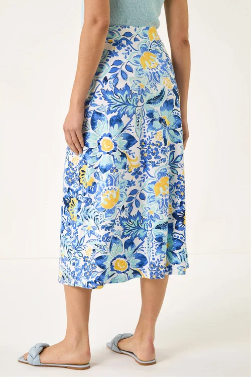 Roman Blue Floral Print Stretch Midi Skirt - 14 Image 3