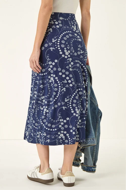Roman Navy Floral Print Stretch Midi Skirt - 14 Image 4