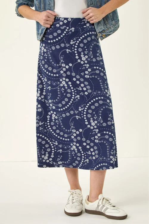 Roman Navy Floral Print Stretch Midi Skirt - 14 Image 1