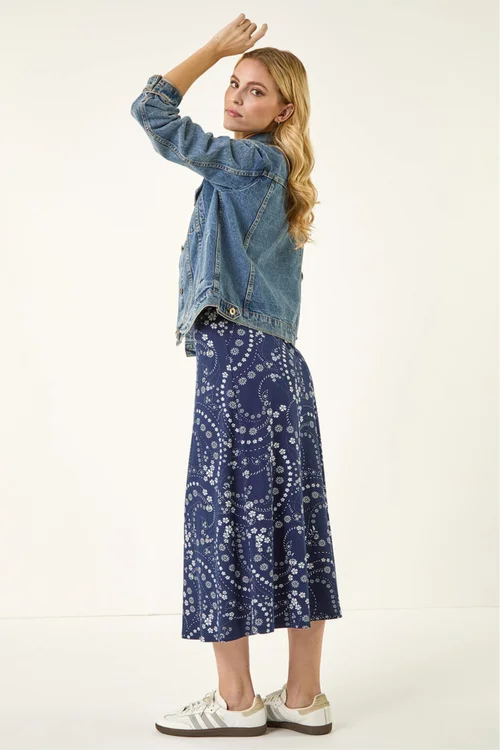 Roman Navy Floral Print Stretch Midi Skirt - 14 Image 2