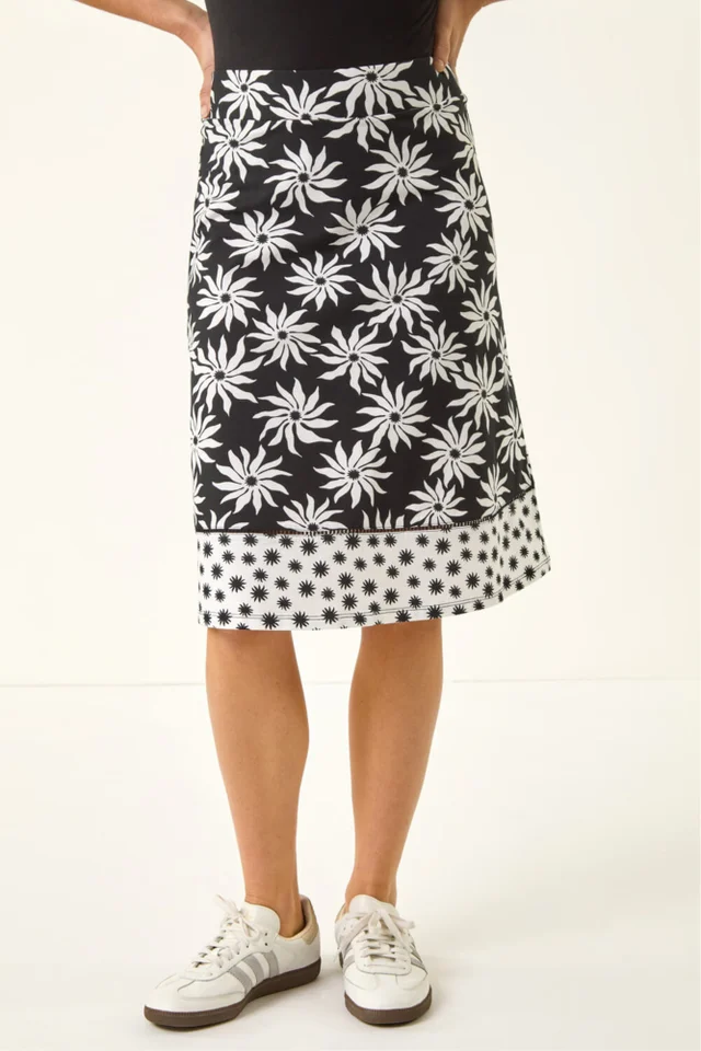Roman Black Floral Star A-Line Skirt