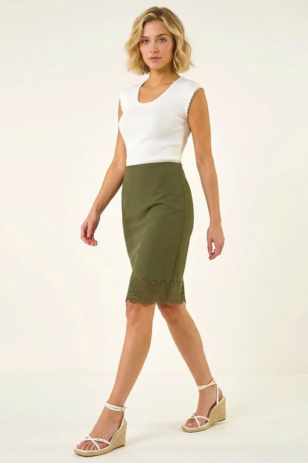 Roman Khaki Lasercut Hem Pencil Skirt - 18 Image 2